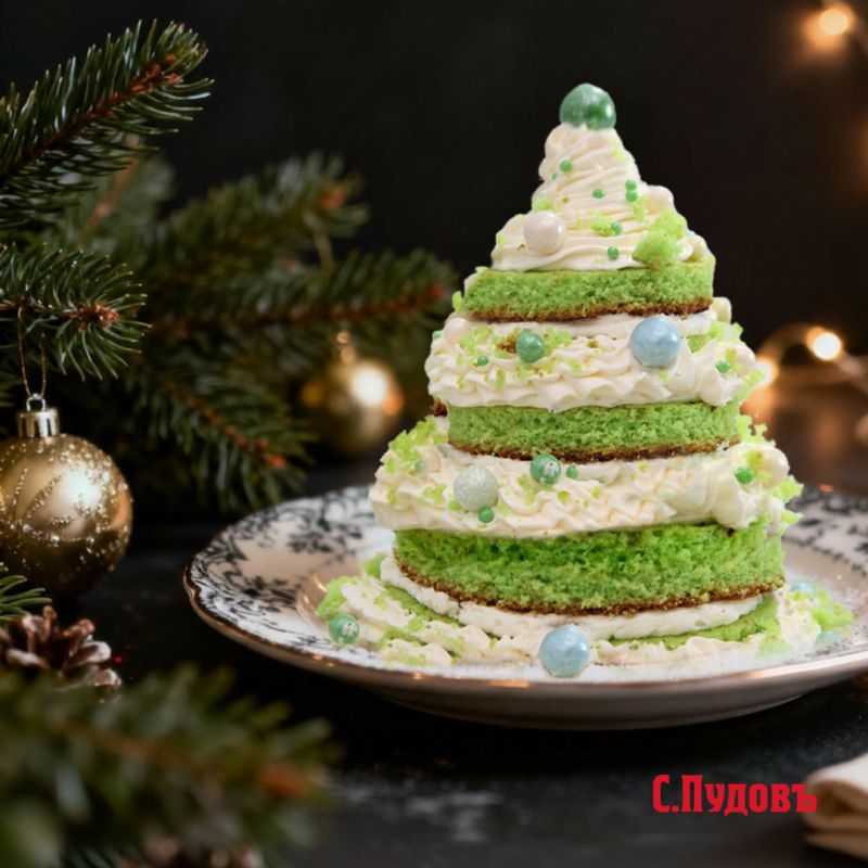 Новогодняя ёлка из готовой смеси Фисташковый бархат — уютный праздничный десерт в домашних условиях
