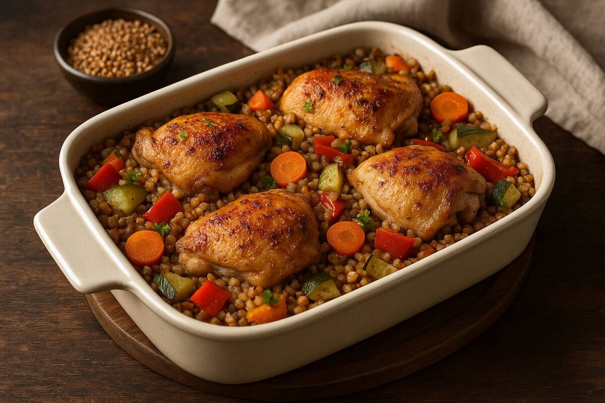 Гречка на уровне плова: запекаем с куриными бёдрышками и овощами